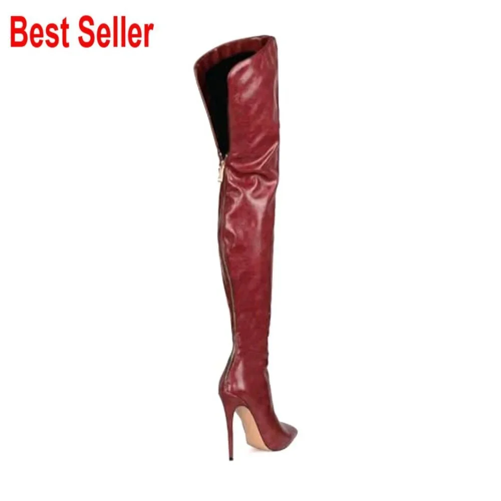 Thigh High Boots with Back Zipper Stiletto Heel PU Leather
